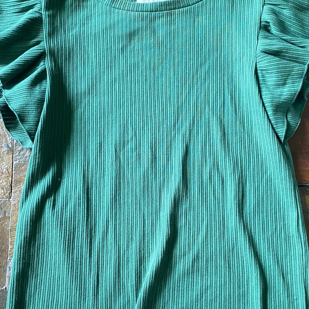 LOFT Emerald Ribbed Blouse with Ruffled Sleeves